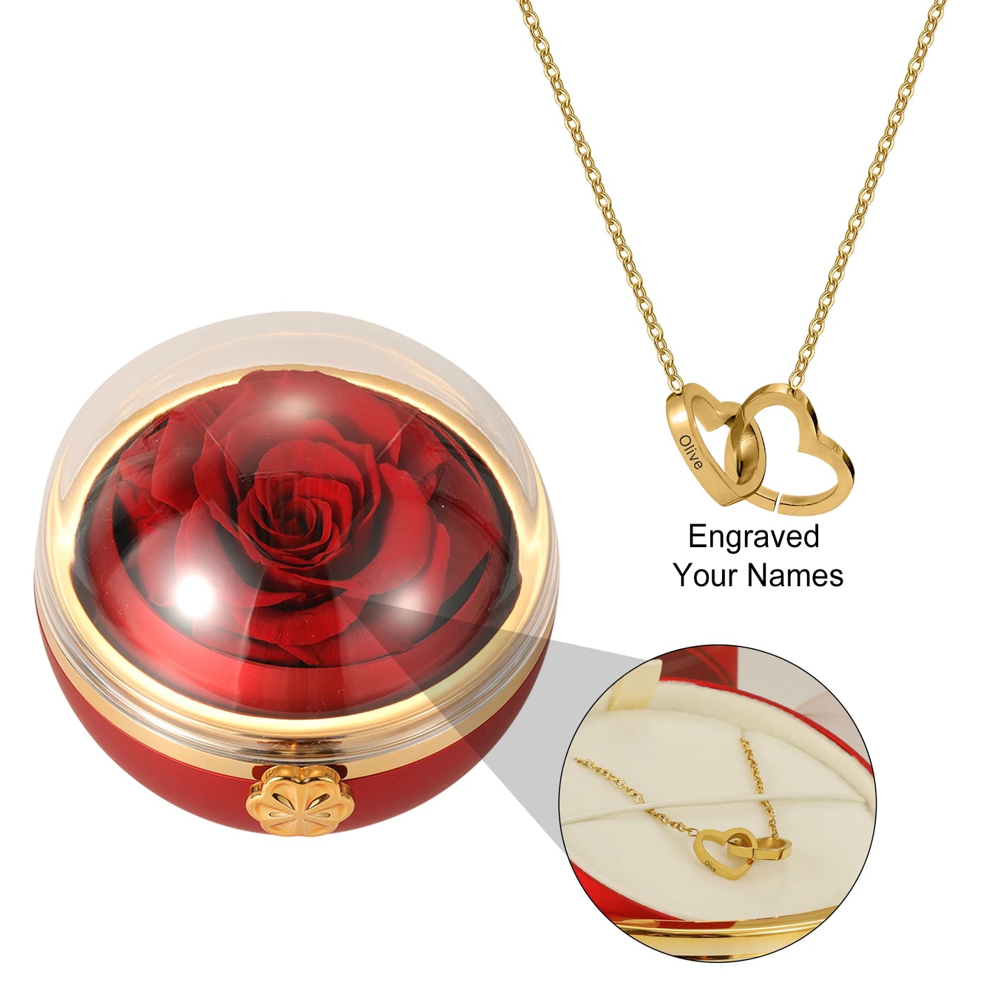 Eternal Rose Gift Box with Engraved Double Heart Name Necklace