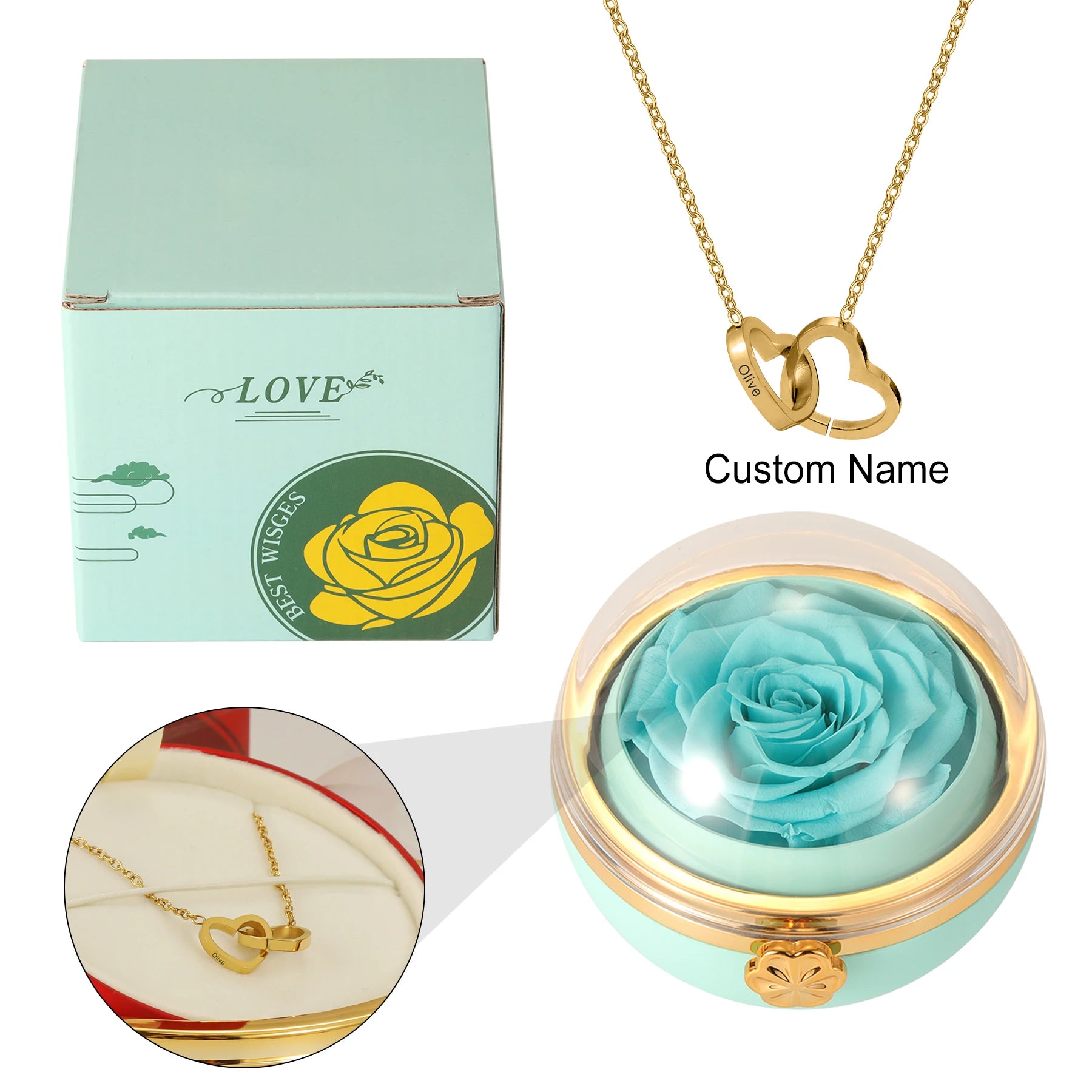 Eternal Rose Gift Box with Engraved Double Heart Name Necklace