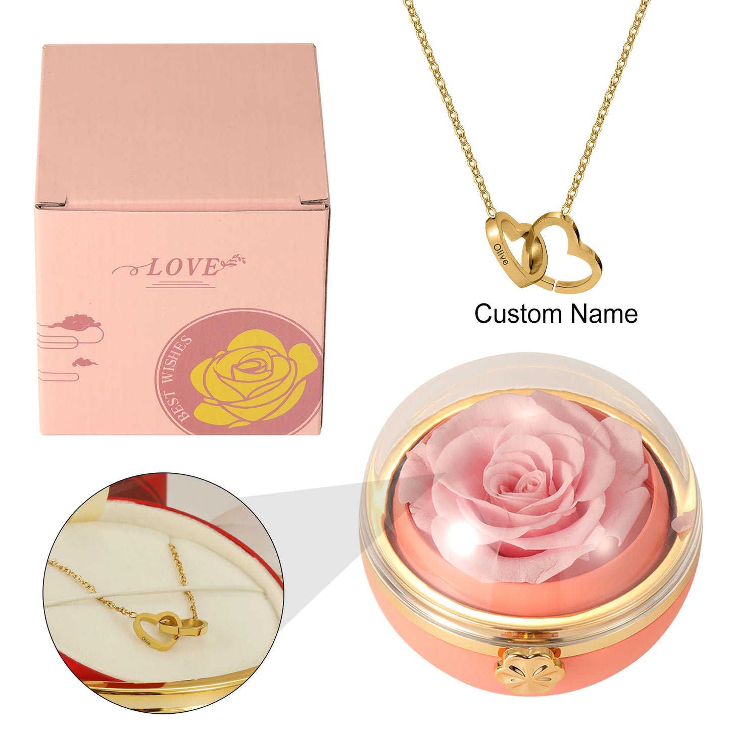 Eternal Rose Gift Box with Engraved Double Heart Name Necklace