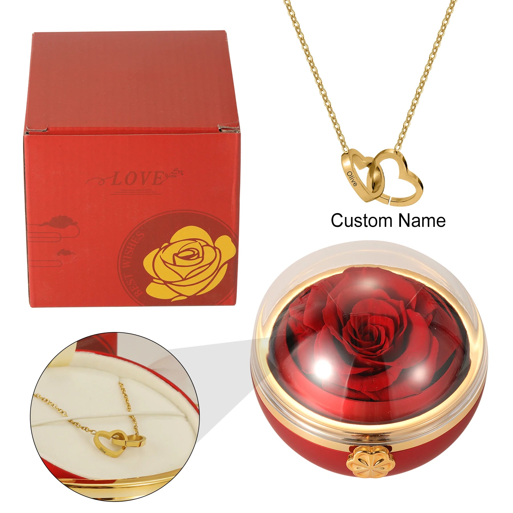 Eternal Rose Gift Box with Engraved Double Heart Name Necklace