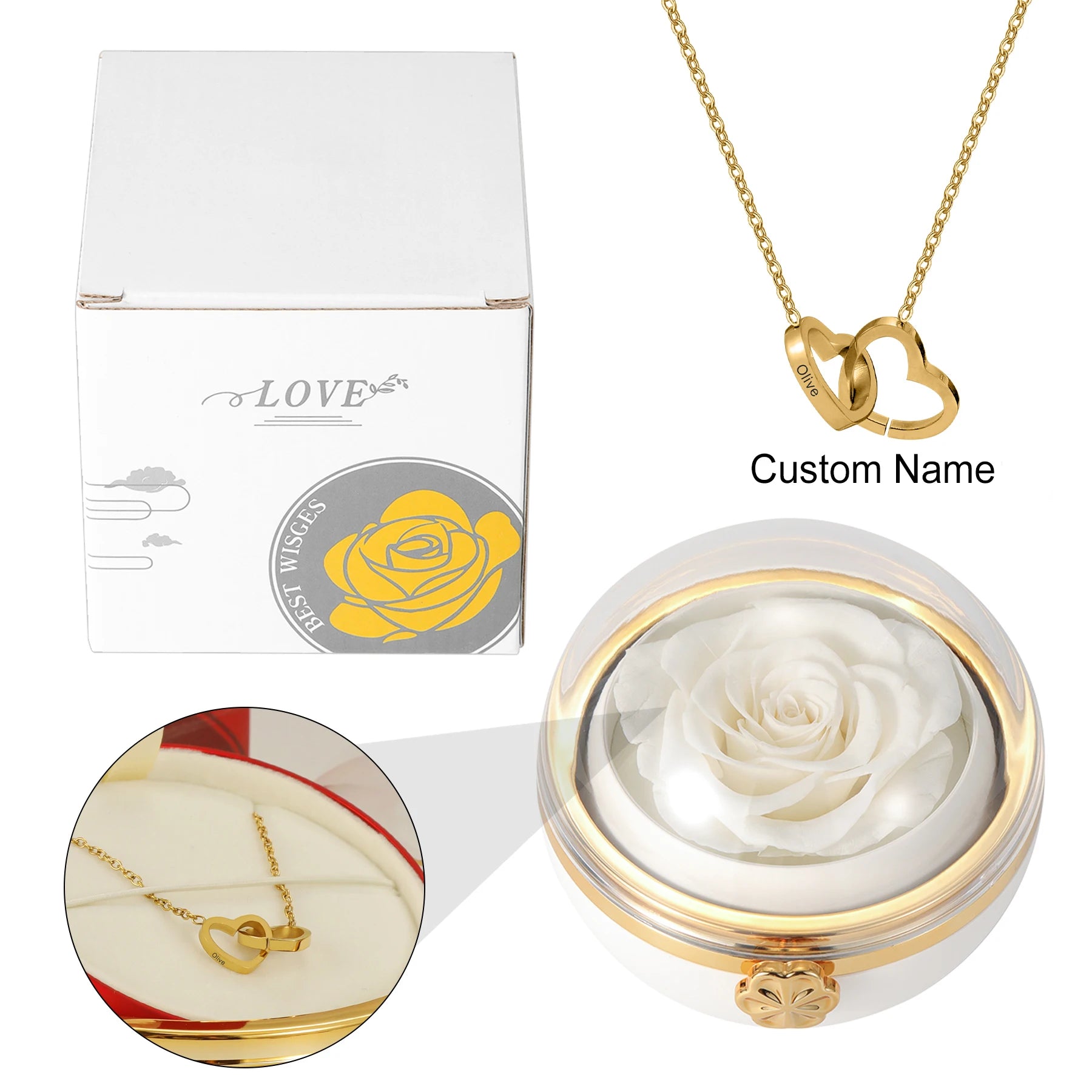 Eternal Rose Gift Box with Engraved Double Heart Name Necklace