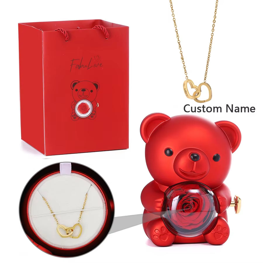 Teddy Bear Gift Box-Rotating Eternal Rose Box with Necklace for Wedding Custom Name Necklace Jewelry for Women Gift Girlfriend