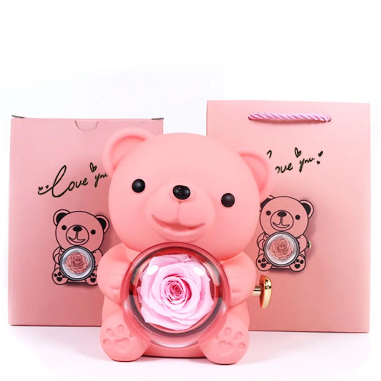 Teddy Bear Gift Box-Rotating Eternal Rose Box with Necklace for Wedding Custom Name Necklace Jewelry for Women Gift Girlfriend